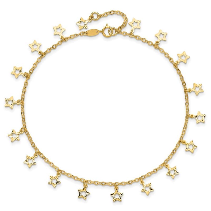 Curata Women's 14k Gold Polished and Textured Star Anklet - 10 Inch