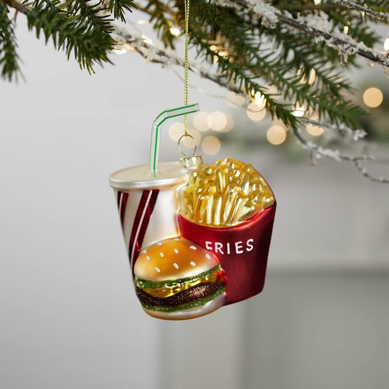 Glass Burger Fries Drink Ornaments Set of 4 for Christmas Tree - 4.5" x 3.5" x 2"