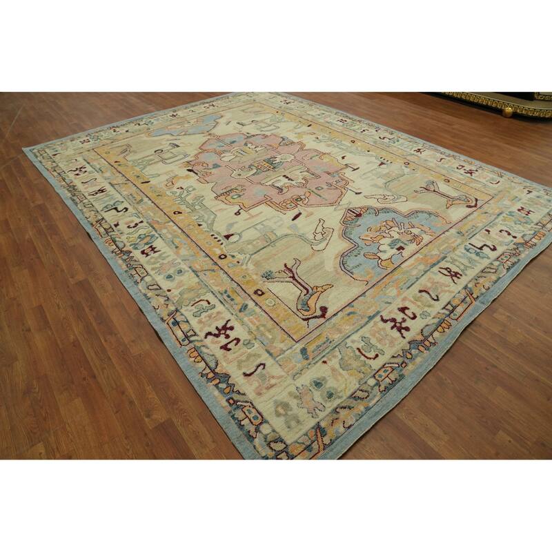 Vegetable Dye Wool Oushak Turkish Area Rug, Medallion Geometric Carpet - 11' 11'' X 9' 0''