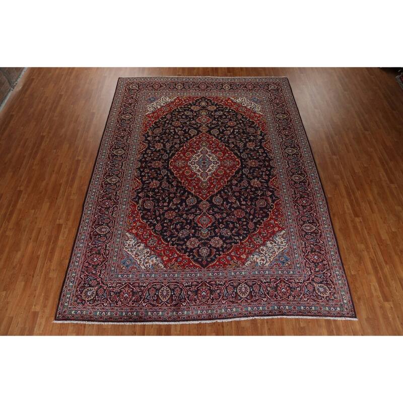Vintage Traditional Kashan Persian Wool Area Rug Hand-knotted Carpet - 9'11" x 13'1"