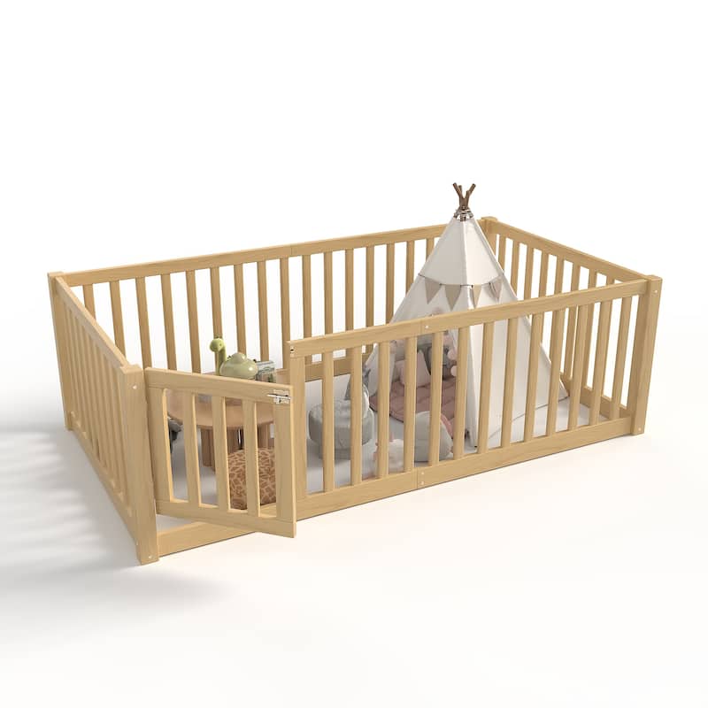 Montessori Floor Bed with Safety Guardrails & Door, Kids Low Profile Frame, Available in Queen/Full/Twin