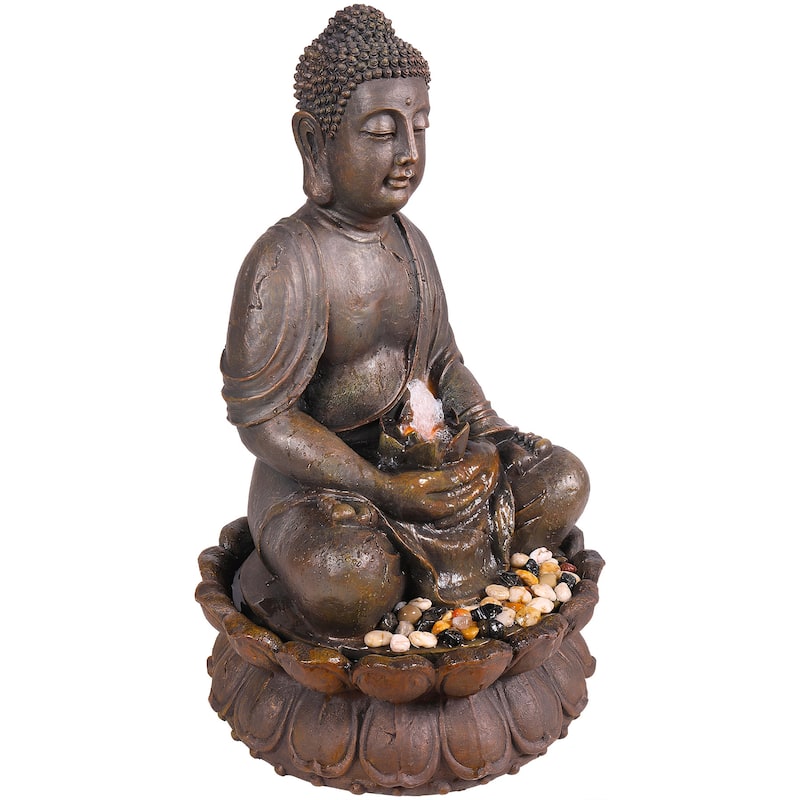 Alpine Corporation GEM122 33" Bronze Outdoor Meditating Buddha Water Fountain with LED Lights