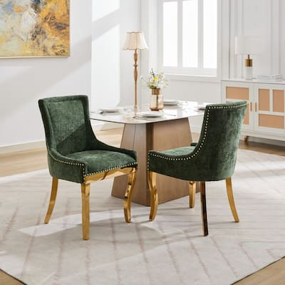 Chenille Dining Chairs,Curved Gold - Plated Legs & Rivet Trim,Accent Seating With Textured Fabric&One-Piece Structure,Set Of 2