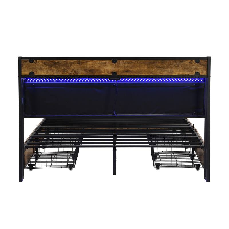 Platform Bed with Charging Station,4 Storage Drawers,LED Lights Storage Headboard