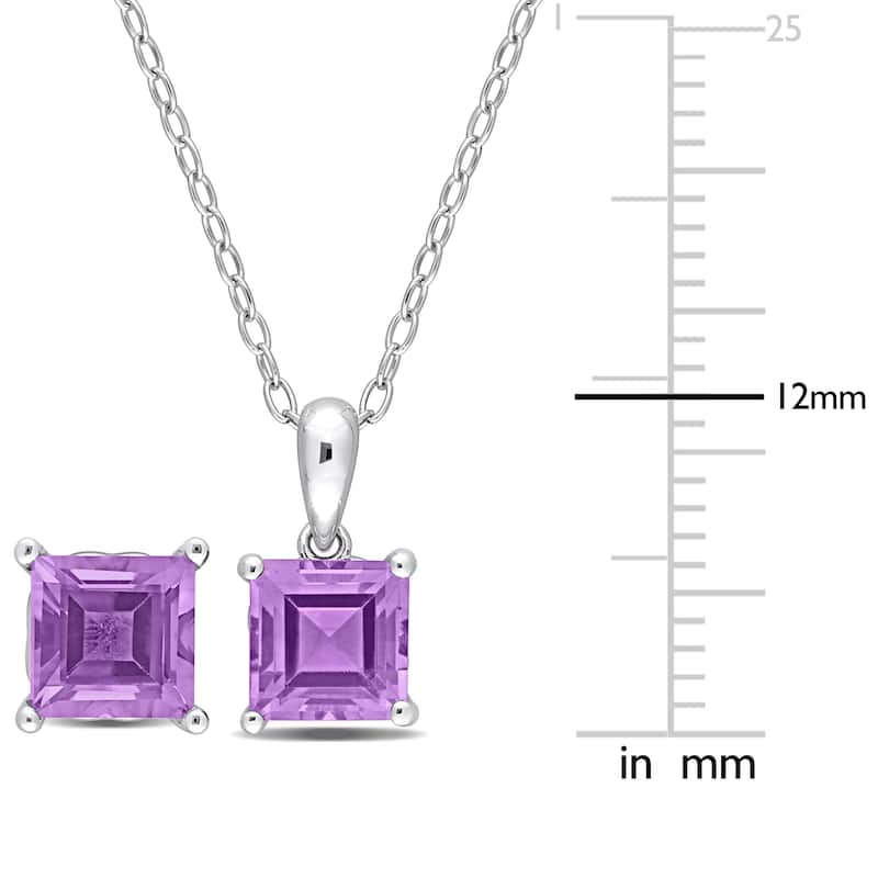 Miadora 3ct TGW Square Amethyst Solitaire Necklace and Stud Earrings Set in Sterling Silver