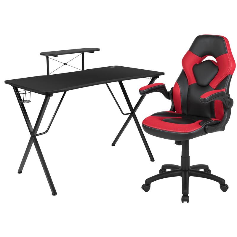 Gaming Desk & Chair Set with Cup Holder, Headphone Hook, and Monitor Stand