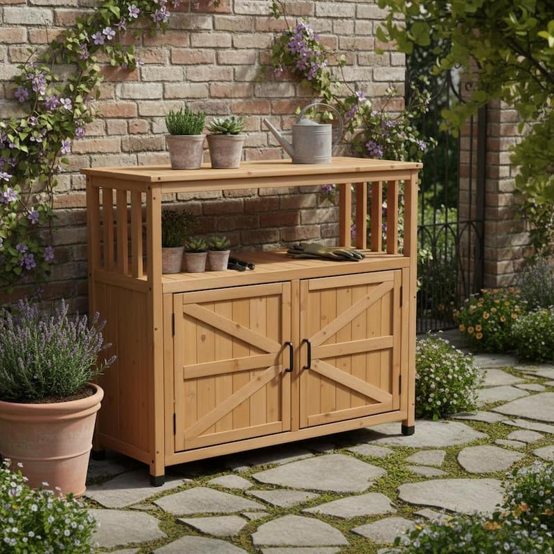 Wood Patio Bar Cabinet, Rustic Cedar Buffet Table with Storage, All-Weather Indoor/Outdoor Multi-Purpose Sideboard