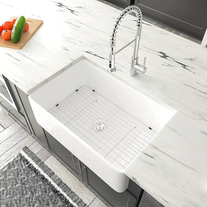 33" x 20" Fireclay Single Bowl Farmhouse Apron Kitchen Sink with Grid and Strainer - 33 x 20 - 33 x 20 - White