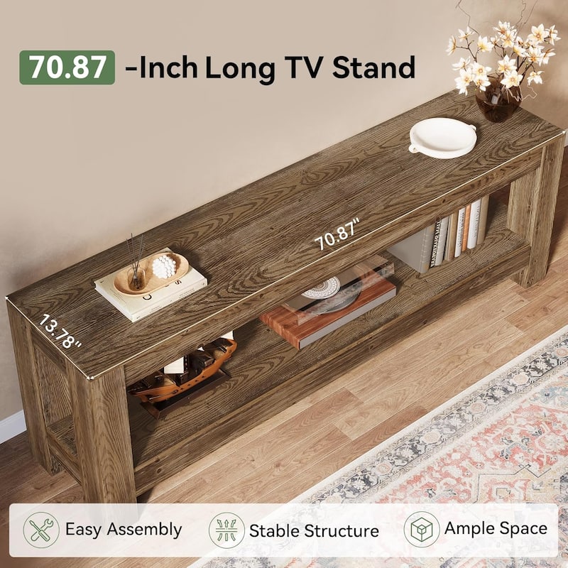 70.9-Inch Solid Wood Entertainment Center with Storage Shelves, Farmhouse TV Console for 65/70/80/85-Inch TVs