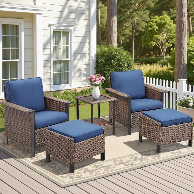 Pocassy Outdoor Wicker 5-Piece Patio Chair Table with Ottoman