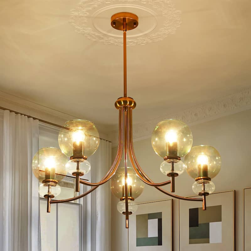 5-Light Mid-Century Modern Luxury Green Sputnik with Open/Bubble Glass Globe Shades Chandelier for Dining Room, Living Room