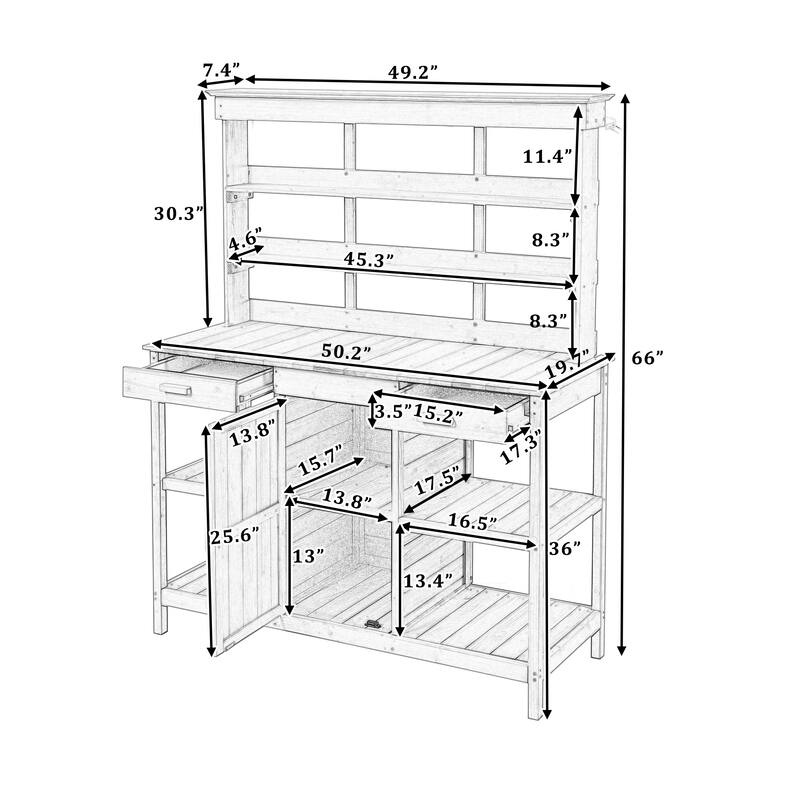 Outdoor Garden Potting Bench Table Workstation Planting Bench with 2 Drawers, Cabinet and Open Shelves for Backyard, Mudroom