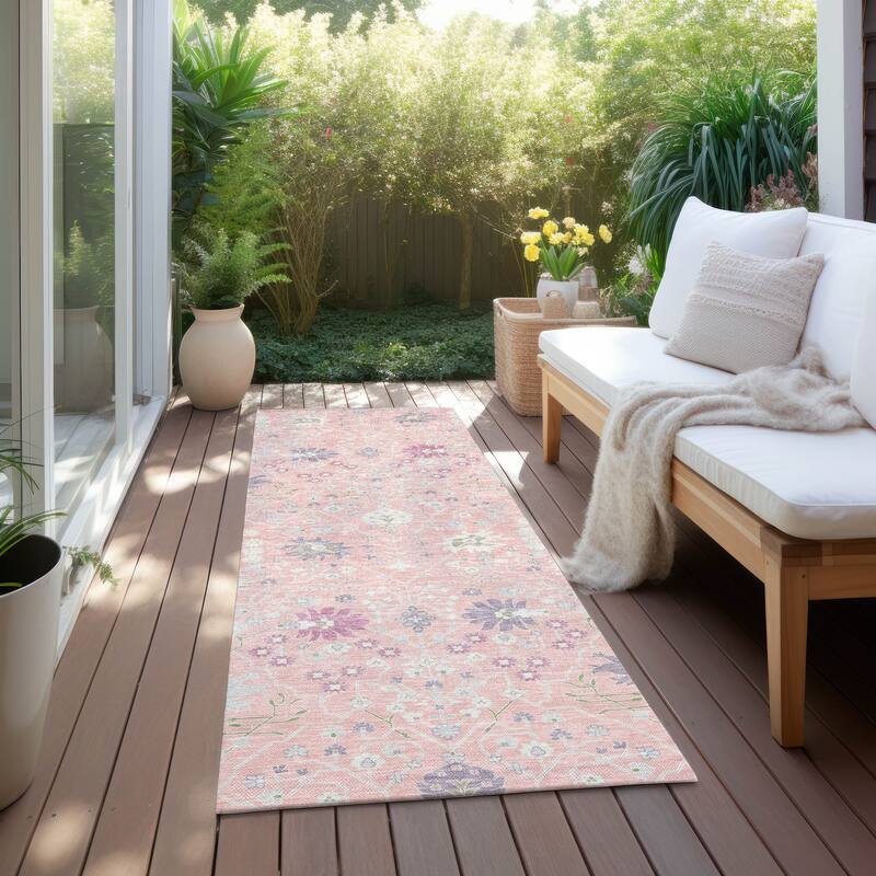 Machine Washable Indoor/ Outdoor Global Traditional Chantille Rug - Pink - 2'3" x 7'6"
