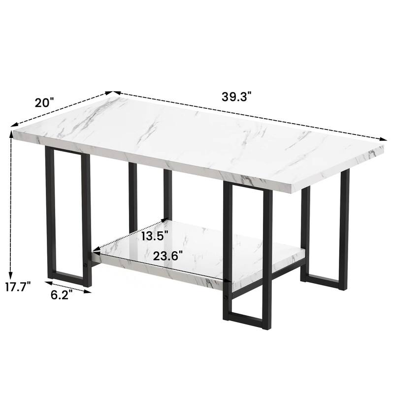 2 -Tier Rectangle Coffee Table, Black Base and Faux Marble Table top for Living Room, Double Metal Leg Design