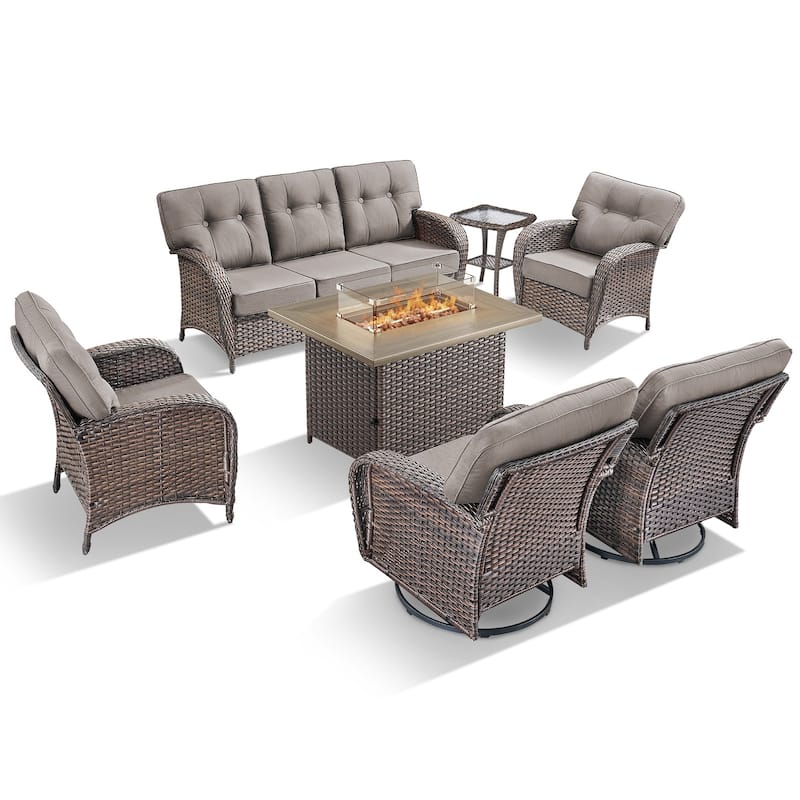 TWrap Wicker Patio Fire Pit Conversation Set with 3-Seat Sofa & Swivel Gliders & Armchairs