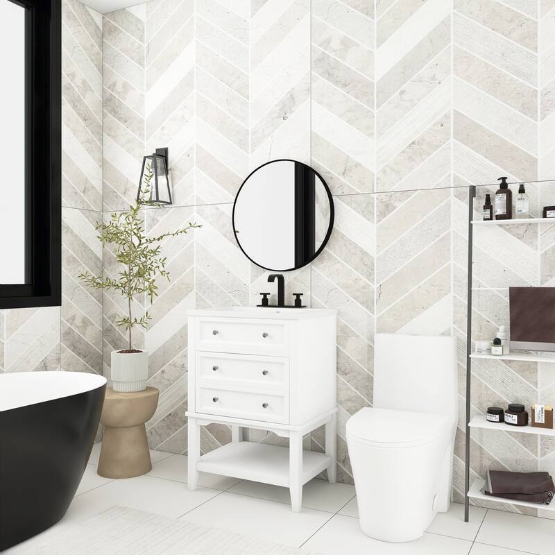 24 Inch MDF Freestanding Bathroom Vanity Set in White Integrated Ceramic Sink - 24" x 32" in.