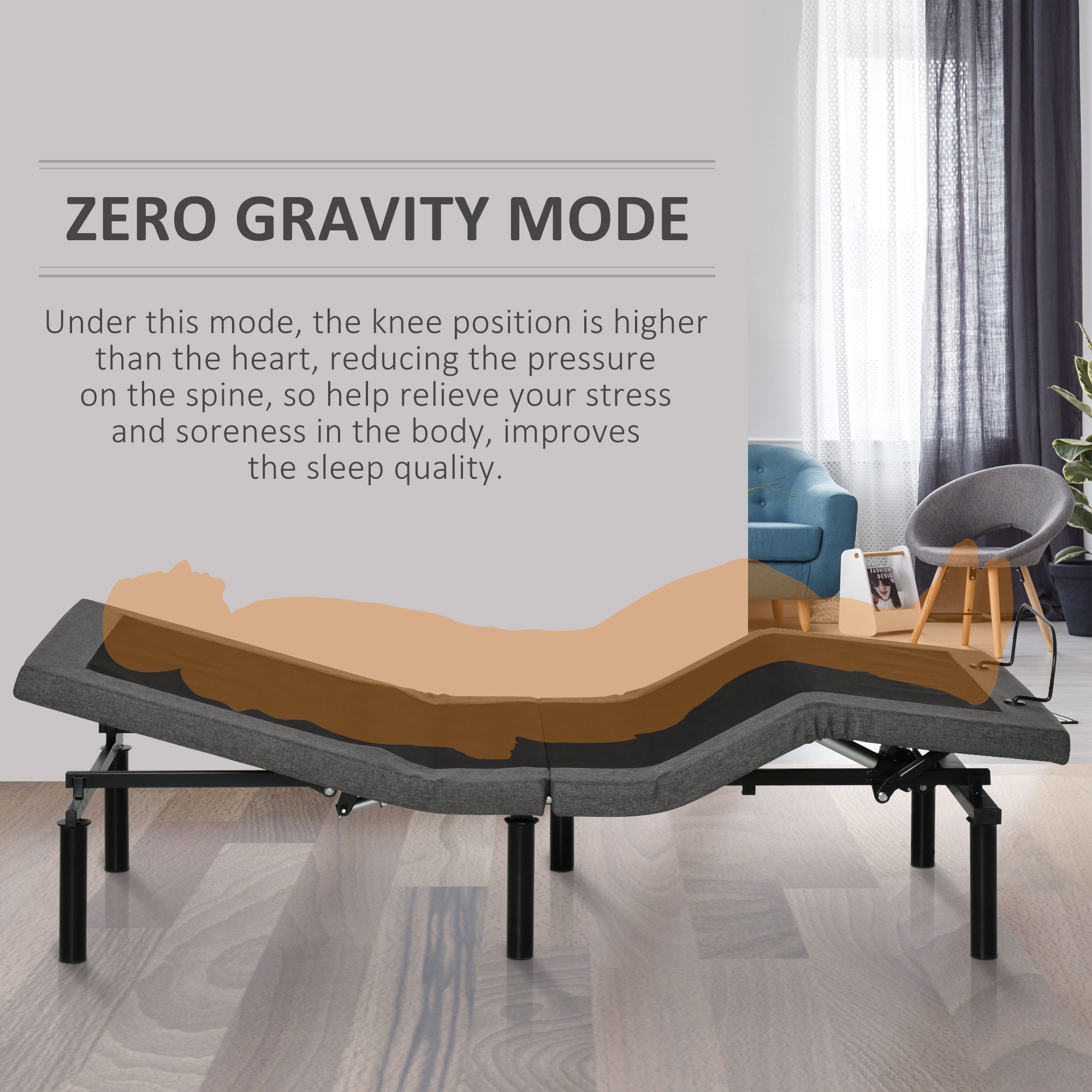 HOMCOM Ergonomic 35 x 79 Adjustable Bed Base Zero Gravity Base for Stress Management w Head and Foot Incline Grey Queen Black