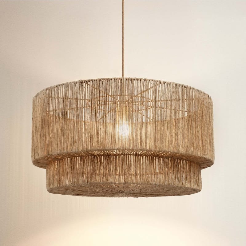 Luminous Rattan Pendant Light - Natural Drum Handwoven Light Fixture For Modern, Transitional, Farmhouse, Boho Room Décor.