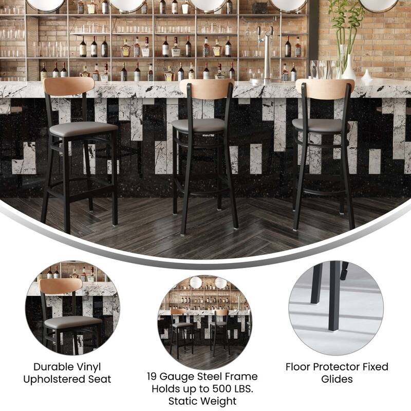 Commercial Metal Barstool with Wood Seat and Boomerang Back