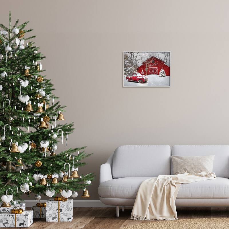 Stupell Red Barn & Truck Powdery Snow Rural Scenery Framed Wall Art - Grey