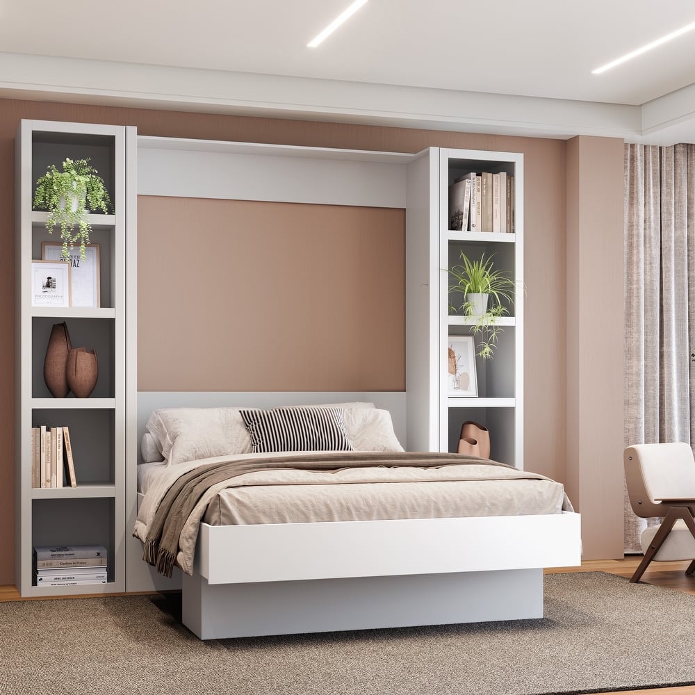 Easy-Lift Full Murphy Wall Bed with Two Bookshelves