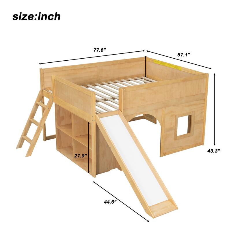 Full Size Wooden All-in-One Fairytale Low Loft Bed with Side Storage Shelves and Slide, Door and Window Design