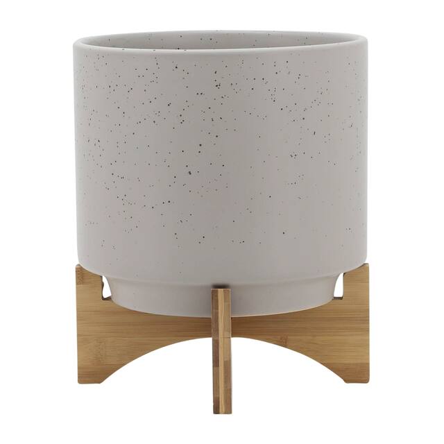 10" Planter with Wood Stand, Matte Beige 12.0"H - 10.0" x 10.0" x 12.0"