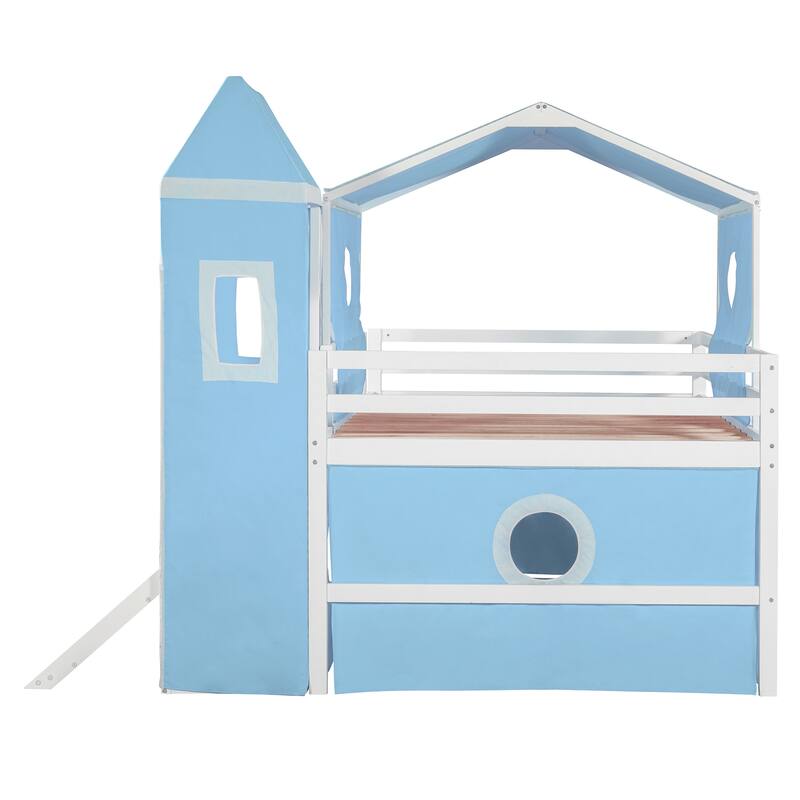 Full Size Loft Bed with Slide, Pink Tent, and Tower in Blue - Durable Pinewood Construction