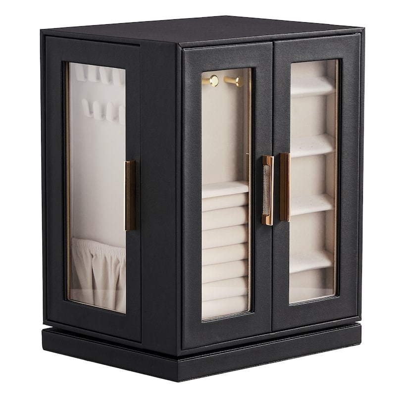 360° Rotating Jewelry Box with 5 Drawers - Black Cabinet & Pink Velvet Interior - Multi