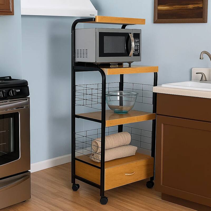 Wood and Metal Frame Microwave Cart with Power Outlet, Black and Brown