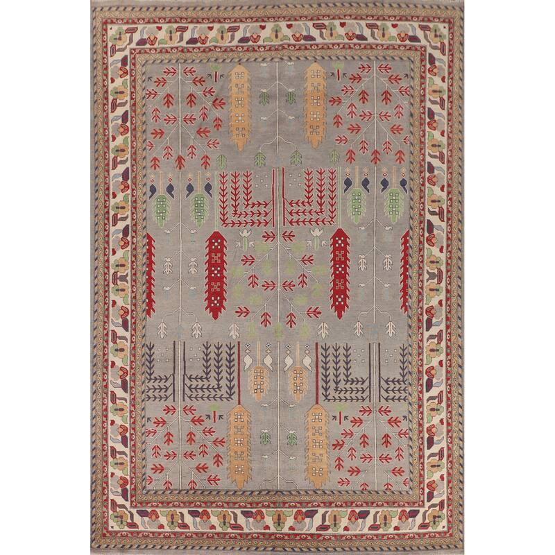 Grey Traditional Kazak Rug Hand-Knotted Wool Carpet - 9'7" x 13'2"
