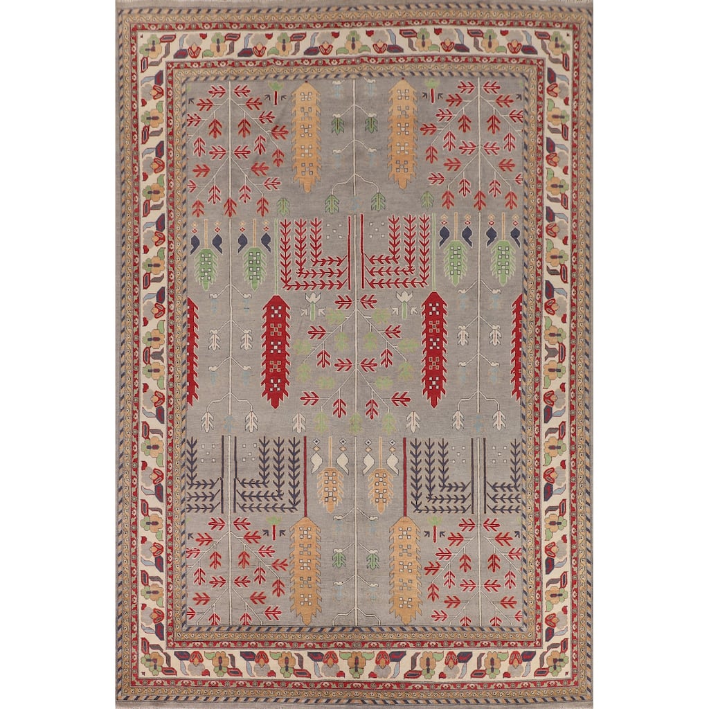 Grey Traditional Kazak Rug Hand-Knotted Wool Carpet - 9'7" x 13'2"