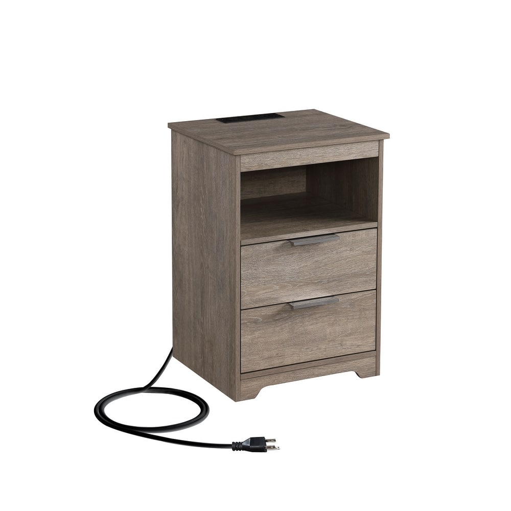 Nightstand with Charging Station,End Table with 2 Drawers,Wooden End Table with Drawer and Opening Shelf