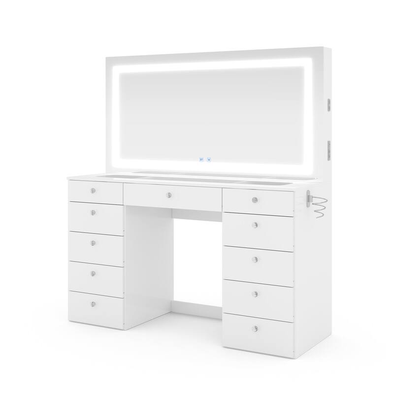 Extra-Large Vanity Desk with LED Mirror, Bluetooth Speakers, 11 Drawers and USB Ports