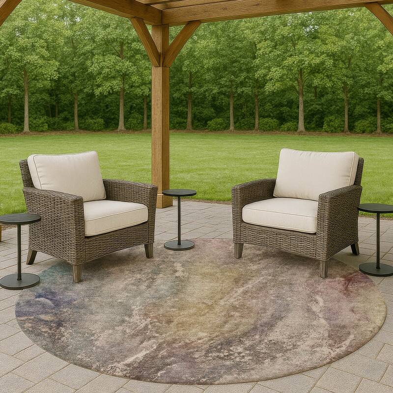 Machine Washable Indoor/ Outdoor Abstract Watercolor Chantille Rug - Beige - 8' x 8'