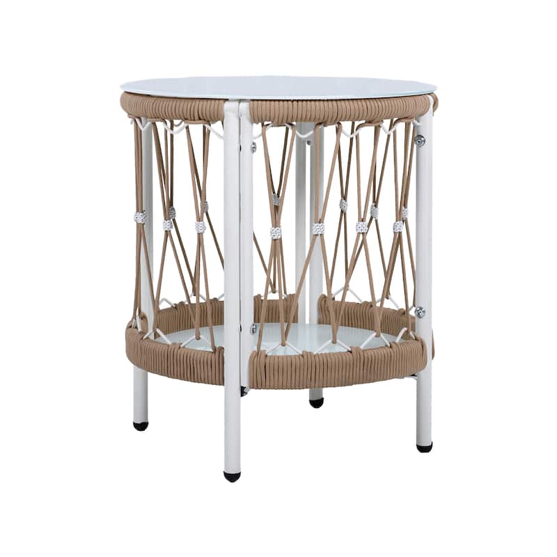 Roomfitters 17.32" Bohemian Outdoor Side Table, Handwoven Rope Patio End Table with Glass Top and Steel Frame, Beige