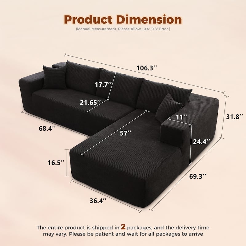 HOOOWOOO Modern Minimalist Style Sectional Couch Modular Corduroy Sofa for Living Room