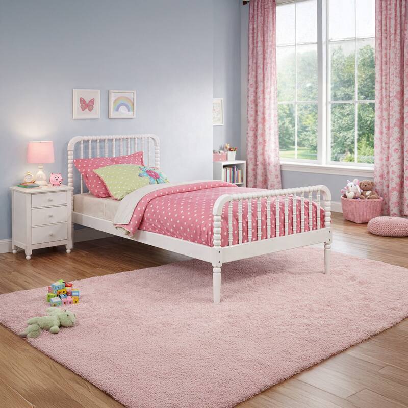 Wooden Twin Bed with Bobbin Style Slatted Headboard and Footboard, White