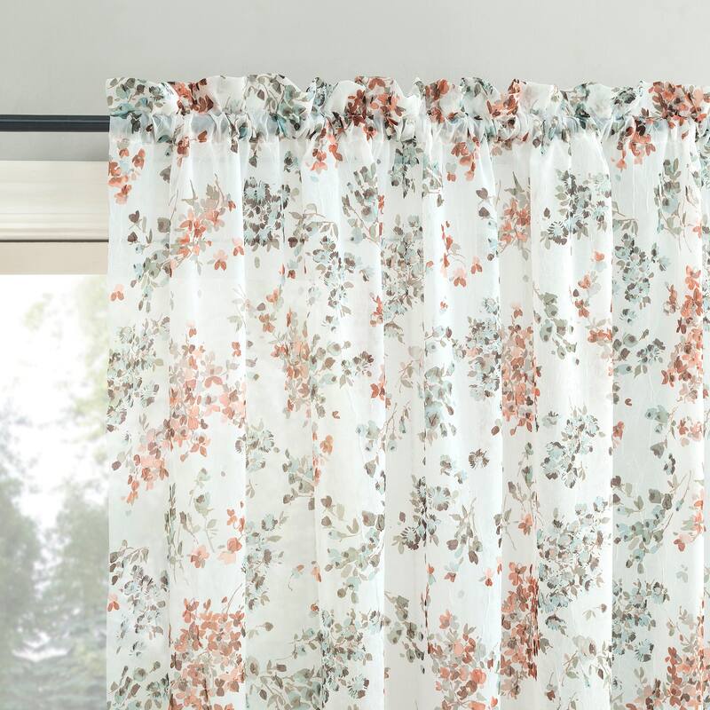 No. 918 Alethea Floral Print Crushed Voile Sheer Rod Pocket 1-Piece Curtain Panel, Single Panel - 51" x 63" - White
