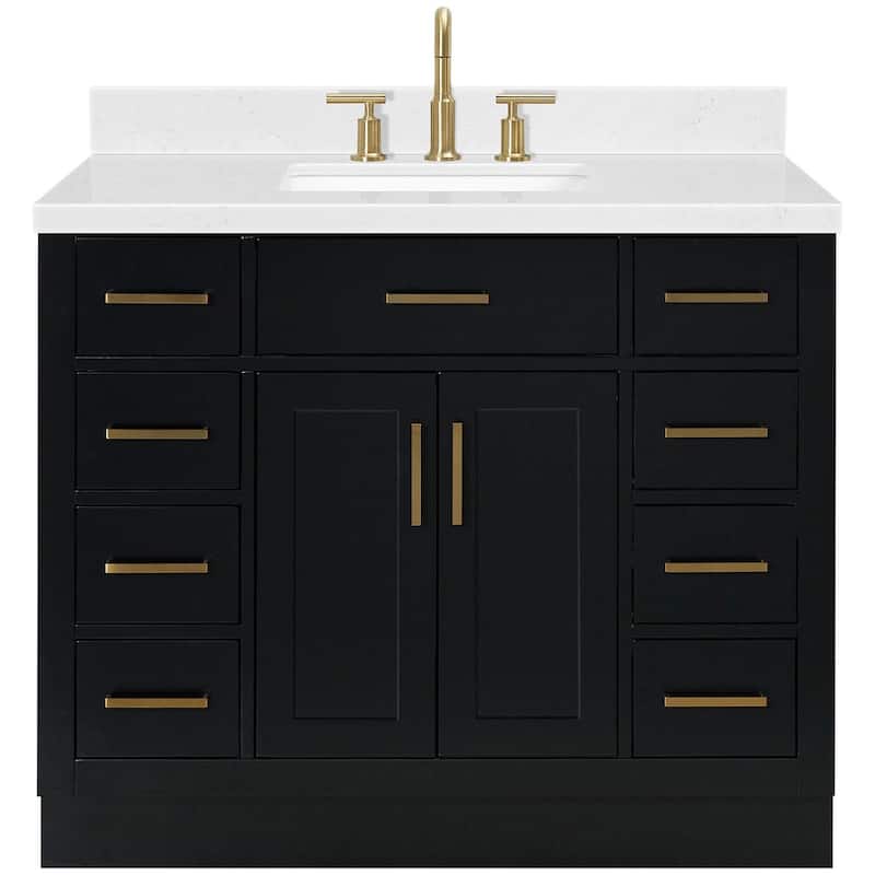 Ariel T042SCQRVO Hepburn 42" Free Standing Single Basin Vanity Set - Black / Carrara White Quartz / Satin Brass