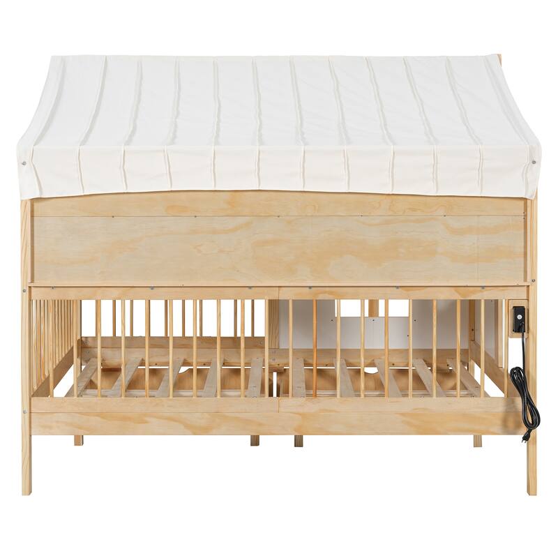 Full Size House Bed with 2 Large Drawers, Side Bookshelf with LED Strip