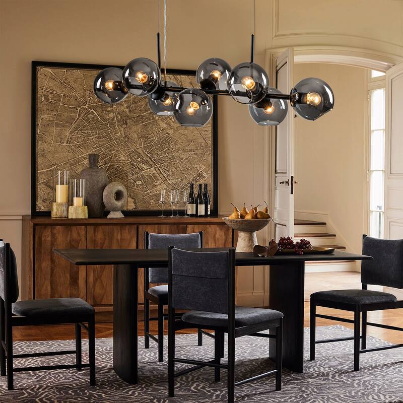 8-Light Modern Linear Glass Kitchen Island Pendant Sputnik Chandelier with Black Smoke Glass Globe