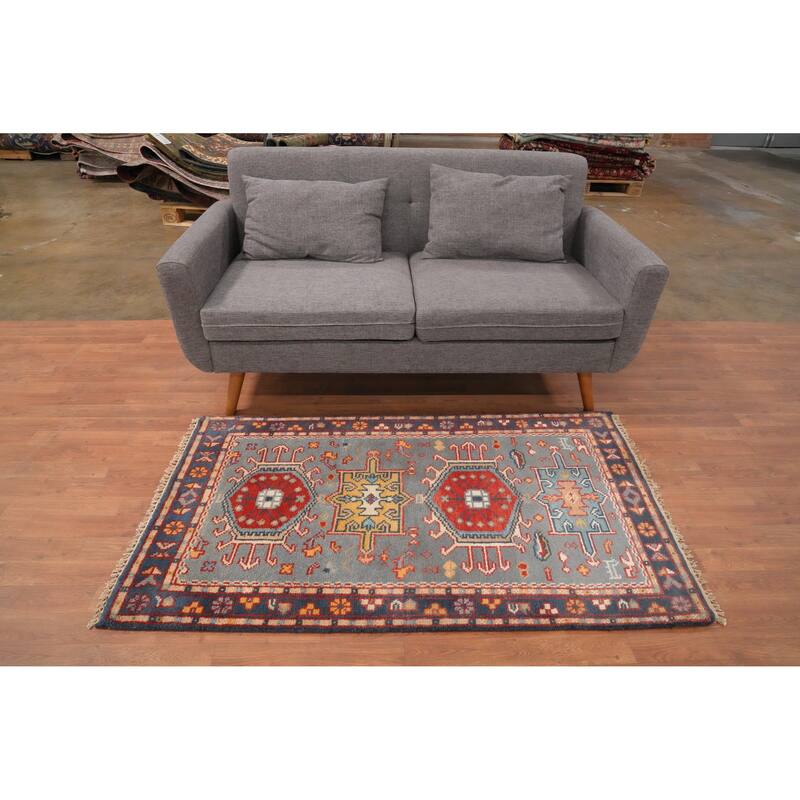 Hand Knotted Oriental 100% Wool Carpet Traditional Geometric Navy Blue & Blues Kazak Area Rug - 5' 1'' X 2' 11''