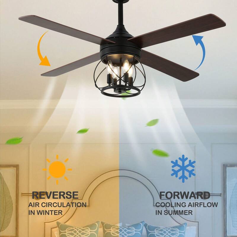 Cusp Barn 52" Modern Ceiling Fan with Light and Remote,Black 4-Light 6 Speeds Quiet Operation Reversible Caged Ceiling Fan