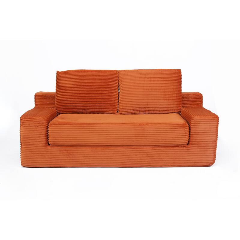 Floor Corduroy Deep Seat Loveseat Sofa with Folding Mattress Convertible Sleeper Sofa Bed with Reversible Cushion and Pillows