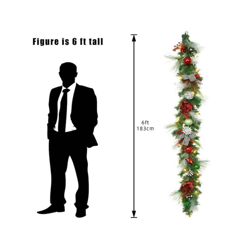 6FT Battery Powered Xmas Garland Prelit Lights Indoor/Outdoor with Timer - N/A