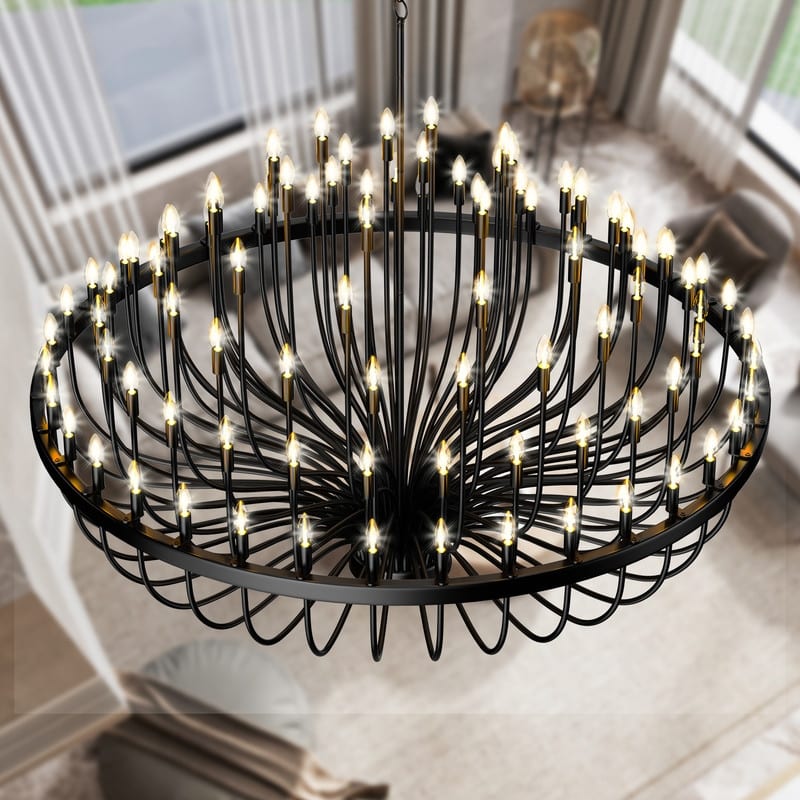 Black Chandelier, Modern Farmhouse Chandelier for Dining Room, Round Industrial Candle Chandeliers - 96Lights-70.8in