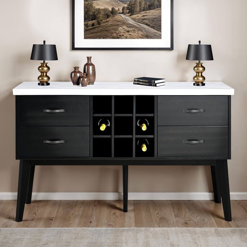Furniture of America Fieny Modern Black and White Genuine Marble Dining Server Cabinet with Bottle Wine Rack - Black