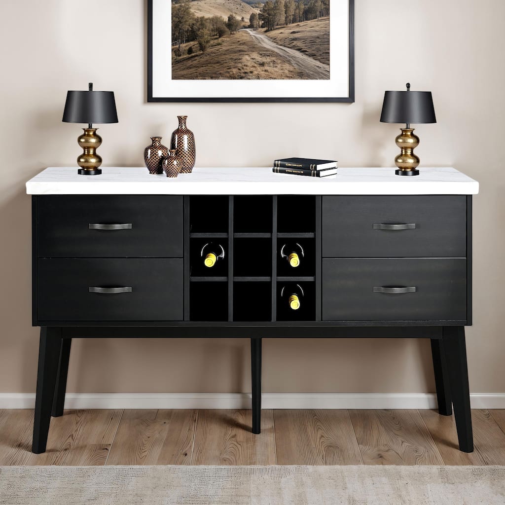 Furniture of America Fieny Modern Black and White Genuine Marble Dining Server Cabinet with Bottle Wine Rack