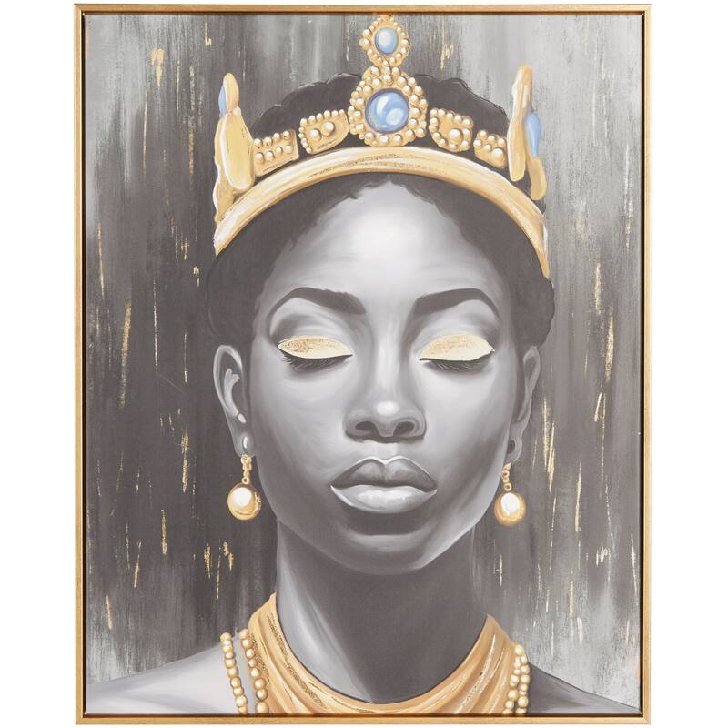 Black Polystone Shaded Woman Living Room Framed Wall Art with Blue Crown and Gold Foil Accents